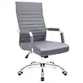 KaiMeng Ribbed Office Desk Mid Back Computer Chair Height Adjustable Conference Executive Task Swivel PU Leather (Grey)