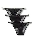 Iris & Lilly Ropa Interior Estilo Bikini Tanga en Encaje Mujer, Pack de 3, Negro, 42