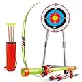 Kids Bow and Arrow Toy Soft Archery Set with Target, 2 in 1 Boys Outside Sport Toys for 7 8 9 10 year olds, Recurve Longbow Crossbows Hunting Games for Adult, 8 Suction Cups Arrow, Quiver, Glasses