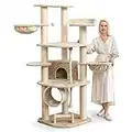 Happypet Kratzbaum für Katzen groß 181 cm hoch - Stabiler Kletterbaum Katzenbaum, Dicke Stämme mit 11 cm, Haus & Spieltunnel, große Liegemulden, Spietau mit Kratzrolle, Creme