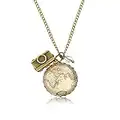 MadamLili GLOBETROTTER Collana da donna con mappa del mondo con fotocamera – fatta a mano, Ottone e vetro, Nessuna pietra preziosa