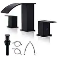 BRAVEBAR Black Waterfall Bathroom Faucet 3 Holes - 8Inch Widespread Bathroom Sink Faucet | Two Handles Lavatory Vanity Sink Faucets with Pop-up Drain Assembly & Supply Lines Matte Black