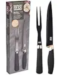 Carving Knife & Meat Fork Set - 20cm/8 Inch Classic Black Plated Blade. Strong, Stylish Two Prong Fork for Professional Chefs & Home Cooks. Copper Bolster. Soft Grip Handle. Taylors Eye Witness