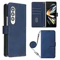 KVIBEO Coque pour Samsung Galaxy Z Fold 4, Etui en Cuir Portefeuille avec Fentes Cartes Et Support 360 Degrés Antichoc Flip Crossbody Long Strap Housse,Bleu