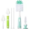 CAREBABYMORE Baby Bottle Brush with One Base Hidden Nylon Nipple Cleaner, 2 Pcs Sponge Nipple Brushes, 2 Pcs Straw Brushes, Bottle Brush with Nipple Cleaner and Suction Cup (Green)