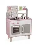 Janod - Cuisine Enfant en Bois Macaron - Équipée avec Frigo et Four Micro Ondes - Avec Bruitage - Imitation et Eveil - 5 Accessoires Inclus - Dès 3 ans, J06567, Rose et Blanc