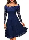 MISSMAY Damen Vintage Abendkleid 1950er Off Schulter Cocktailkleid Spitzen Schwingen Pinup Rockabilly Kleid Navy Blau S