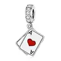 Qings Ciondolo di Giocando a Carte in Argento 925, Poker Asso di Cuori Picche Charm Ciondolo Fortunato Adatto a Tutti i Tipi di Bracciali e Collane per Donne e Ragazze