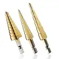 Bestgle 3 Pcs Step Drill Bits, 1/4" Hex Shank SAE Quick Change HSS Titanium Coated Imperial Spiral Grooved Step Drill Bit Set for Wood, Plastic, Steel, Aluminum, PV Plate DIY Metalworking Woodworking Tool - Total 28 Sizes