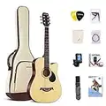 Lankro Guitarra acústica de 38 pulgadas para principiantes, guitarra occidental, natural, tilo, cutaway, juego de guitarra, con bolsa de concierto, cuerda de aprendizaje, selección, paño de limpieza