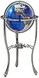 Unique Art Since 1996 Brand 37" Tall Bahama Blue Pearl Swirl Ocean Floor Standing Gemstone World Globe with Tripod Silver Stand and 50 US State Stones