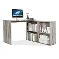 Meerveil - Bureau d'angle - avec Rangement, 4 Étagères, Angulaire Réversible, Bois, 106(L) x 106(P) x 74.5(H) cm (Gris)