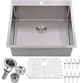 VALISY 25 x 22 x 9 Inch Topmount 16 Gauge Stainless Steel Extra-thick Drop In Brushed Nickel Single Bowl Kitchen Sink, RV Kitchen Sink with Dish Grid and Basket Strainer