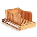 Bambüsi Bamboo Bread Slicer with Knife - 3 Slice Thickness, Foldable Compact Cutting Guide with Crumb Tray, Stainless Steel Bread Knife for Homemade Bread, Cake, Bagels 5.5” Wide x 5” Tall