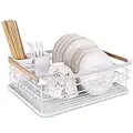 BTGGG Dish Drainer Rack with Removable Drip Tray, Metal Kitchen Dish Drying Rack Organiser with Wooden Handles, Dish Rack, Dish Drainers, White, 43 x 30.5 x 14 cm