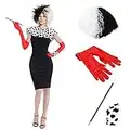 OBEEII Cruella Deville Costume Adult Women Black White 101 Dalmatian Strap Evening Dress for Halloween Christmas Carnival Fancy Dress Up Costume Cruella C S