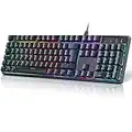 Teclado Mecánico Gaming, ES QWERTY 105 Teclas Retroiluminadas y Personalizables, Switch Azul Ergonomico, 14 Modos de Luz Dinámica LED, 5 Teclas Macro Integración, Paso de USB