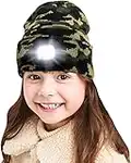 ATNKE Enfants LED Casquette de Bonnet éclairée, Lampe Frontale Rechargeable par USB, Chapeaux de Nuit en Tricot d'hiver Plus Chauds avec lumière Cadeaux de Noël pour garçons Filles/Camouflage Green