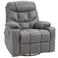 HOMCOM Manual Recliner Chair, Overstuffed PU Leather Recliner Armchair with Footrest, Cup Holders, Side Pockets, 360° Swivel for Living Room Bedroom, Light Grey