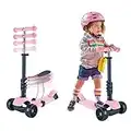 Scooters para niños, patinete 3 en 1 con respaldo de asiento extraíble, altura ajustable, ruedas iluminadas para niñas y niños pequeños de 2 años en adelante (rosa)