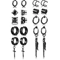 9 Pairs Magnetic Stud Earrings Stainless Steel Feather Dangle Hinged Earring CZ Magnet Earring Non-Piercing Cross Dangle Hoop Earring Set, Black