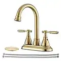 Brushed Gold Bathroom Faucet with Pop-up Drain Assembly, 2 Handles Centerset Bathroom Sink Faucet 4 Inch with 360° Swivel Spout, Stainless Steel Faucet for Bathroom Sink with Water Supply Lines