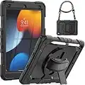 SEYMCY for iPad 9th 8th 7th Generation Case, iPad Case 10.2 inch Shockproof Sturdy Cover with 360 Rotating Hand Strap/Pencil Holder/Screen Protector/Stand, Heavy Duty iPad 9/8/7 Case 2021/2020, Black