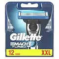 Gillette Mach 3 Turbo Lamette da Barba per Rasoio manuale Uomo, Confezione da 12 Ricambi da 3 Lame, Lame affilate e Gel Lubrificante