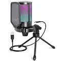 Fifine USB Gaming Microphone for Computer PC PS5, RGB Condenser Mic with Quick Mute, Gain Control, Tripod Stand, Pop Filter, Shock Mount, for Streaming Discord Twitch YouTube Videos