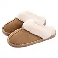 Womens Slipper Memory Foam Fluffy Slip-on House Suede Fur Lined/Anti-Skid Sole, Indoor & Outdoor Light Brown 5.5-6.5