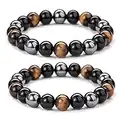 8mm Triple Protection Hematite Magnetic Therapy Bracelet, 2PCS Hematite Beads+Black Obsidian+Tiger's Eye Stone Couple Bracelets for Men Women (C)