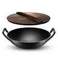 Big Smoke's Cast Iron Wok Non Stick for Stir Fry, Grilling, Frying and Steaming Professional Cast Iron Wok with Lid Non Stick | Deep and Concave Wok Pan with Elegant Wooden Lid and Wide Handles | 30cm