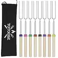 Totoose Extendable Marshmallow Roasting Sticks - Set of 8 Telescoping Smores Skewers & Hot Dog Forks with Wooden Handle for Fire Pit Campfire - 32 inch Stainless Steel BBQ Kit for Outdoor Camping