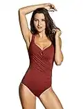 DELIMIRA Women's Vintage Padded One Piece Swimsuit Tummy Control Bathing Suits with Underwire Dark Red 4-6