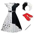 IDOPIP Disfraz de Cruella Deville para Niñas 101 Dálmatas Cruela Vestido Cosplay de Halloween Vestido Abrigo con Guantes Peluca Soporte para Cigarrillos 4pcs Set Cruella #1 13-14 Años