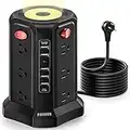 Surge Protector Power Strip Tower with 5 USB Ports and Night Light, 10FT Extension Cord with 12 AC Multiple Outlets, PASSUS Power Tower, Overload Protection for Home Office Dorm Room (Black)