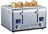 Toaster Langschlitz | Digitales Display mit Countdown | Beleuchtete Tasten | 4 Scheiben Toastautomat | XXL Toaster | 1630 Watt | Brötchenaufsatz | Auftau-Funktion | Krümmelschublade |