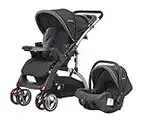 QTbabies Pushchair Travel System Shopper Baby Strollers & Buggies 2 in 1 Car Seat Pram | Padded Mattress Sun Hood Removable Tray Large Basket Suitable For Newborn to 36 Months Toddlers | K98KC (Black)