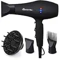 Basuwell Hair Dryer Professional 2100W Salon Hairdryer Ionic Far Infrared 2 Speed 3 Heat Cool Shot Setting AC Motor Blow Dryer with Diffuser/Concentrator/Comb Air Nozzle - UK Plug Black