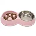 Fur & Bone Double Slow Feeder Dog Bowl for Cat Dog and Puppy - Interactive Feeder Slow Down Feed Pets Twin Feeding Bowl with Stainless Steel Detachable Dish and Non-Slip Bottom (Pink)