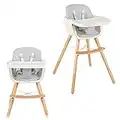 KOTEK Baby High Chair, 3 in 1 Convertible Wooden Highchair with 3-Position Adjustable Food Tray, Adjustable Seat Height, 5-Point Harness, PU Cushion and Footrest, Infant to Toddler Dining Chair (Gray)