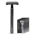 Qshave - Rasoio di sicurezza / sicurezza a farfalla, con impugnatura lunga (11,5 cm), placcate titanio, colore: Grigio metallizzato