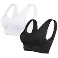 Vertvie Sujetador deportivo cómodo para mujer, elástico, de encaje con cierre frontal, push up, sin aros, top para yoga, fitness, entrenamiento,, Color blanco y negro., XXL