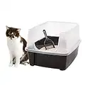 IRIS USA Open Top Cat Litter Tray with Scoop and Scatter Shield, Sturdy Easy to Clean Open Air Kitty Litter Pan with Tall Spray and Scatter Shield, Black/Clear