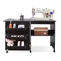 Usinso Folding Sewing Table Multifunctional Sewing Machine Cart Table Sewing Craft Cabinet Table with Storage Shelves Portable Rolling Sewing Desk Computer Desk with Lockable Casters(Brown)