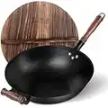 WANGYUANJI Padella Wok Antiaderente con Coperchio, 36CM Wok in Ghisa Senza Rivestimento con Manico Staccabile, Padella con Coperchio per Tutti i Fornelli a Induzione Elettrici e a Gas