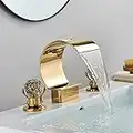 YAGATAP Gold Bathroom Sink Faucet 3 Hole 2 Handle Crystal Knobs High Arc Waterfall Spout Vanity Basin Mixer Tap 8-inch＆Upwards Widespread Bathtub Filler Faucet…