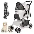Pet Dog Stroller, Four Wheels Cat Dog Stroller with Storage Basket, Handle 360° Front Wheel Rear Wheel with Brake for Small Medium Dogs Cats Travel Folding Carrier Stroller (Grey)