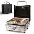 Hisencn Portable Flat Top Grill Propane Gas Grill for Outdoor, Camping, Tabletop, Kitchen, Tailgating, RV - 268 sq. in. Heavy Duty & 15000 BTUs Griddle for BBQ Grill, 17 Inch with Hood, with Grill Bag