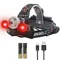 BORUIT Headlamp Rechargeable Red White Light Super Bright 5000 Lumens LED Head Lamp 3 Mode Waterproof Head Light for Adult Hunting Fishing Camping Headlight Gear